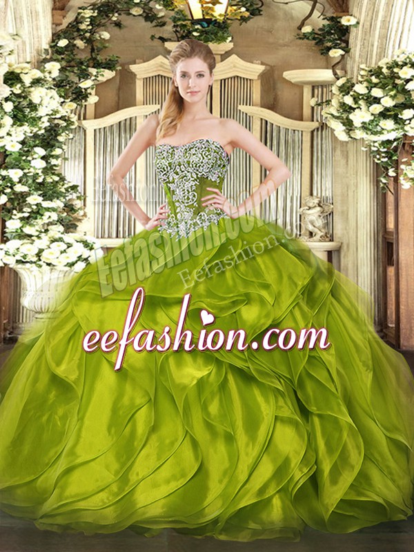  Floor Length Olive Green Quince Ball Gowns Organza Sleeveless Beading and Ruffled Layers