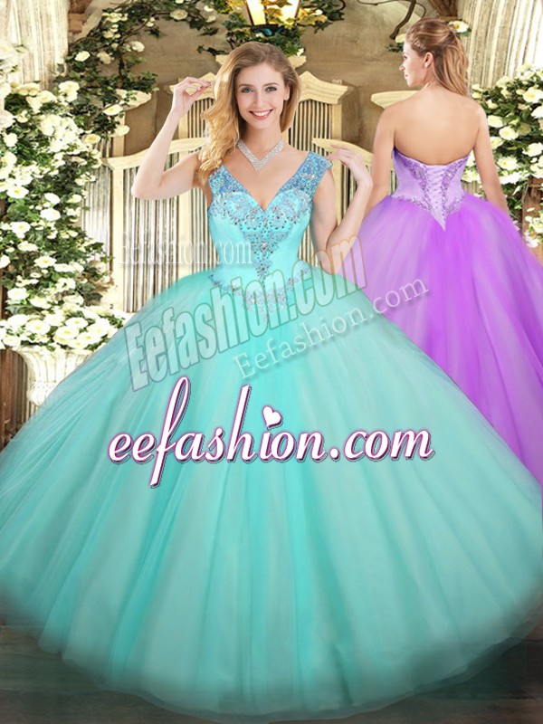 Fantastic Sleeveless Floor Length Beading Lace Up 15th Birthday Dress with Aqua Blue