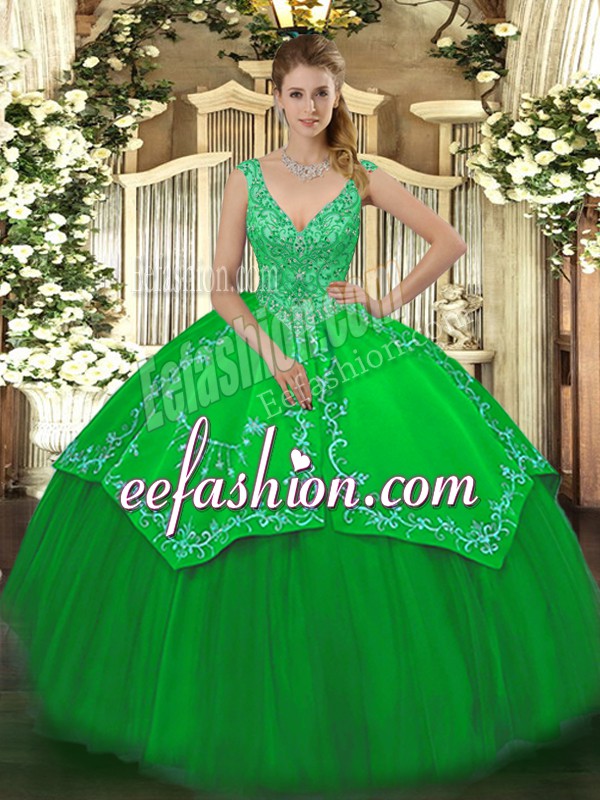 Fashion Green Zipper V-neck Beading and Embroidery 15th Birthday Dress Taffeta and Tulle Sleeveless