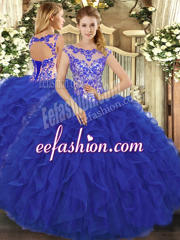  Floor Length Lace Up Sweet 16 Dresses Royal Blue for Sweet 16 and Quinceanera with Beading and Ruffles