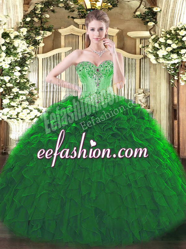  Dark Green Ball Gowns Beading and Ruffles Ball Gown Prom Dress Lace Up Organza Sleeveless Floor Length