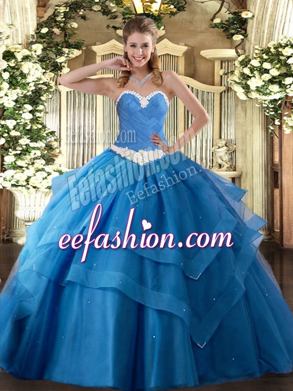  Sleeveless Lace Up Floor Length Appliques and Ruffled Layers Ball Gown Prom Dress