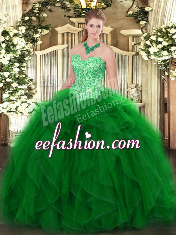 Vintage Floor Length Lace Up Quinceanera Dress Green for Military Ball and Sweet 16 and Quinceanera with Appliques and Ruffles