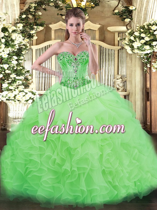 Custom Made Sleeveless Floor Length Beading and Ruffles and Pick Ups Lace Up Quinceanera Gown