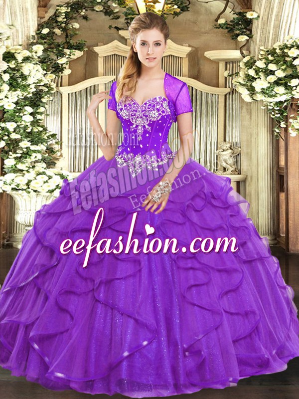 Smart Purple Lace Up Ball Gown Prom Dress Beading and Ruffles Sleeveless Floor Length