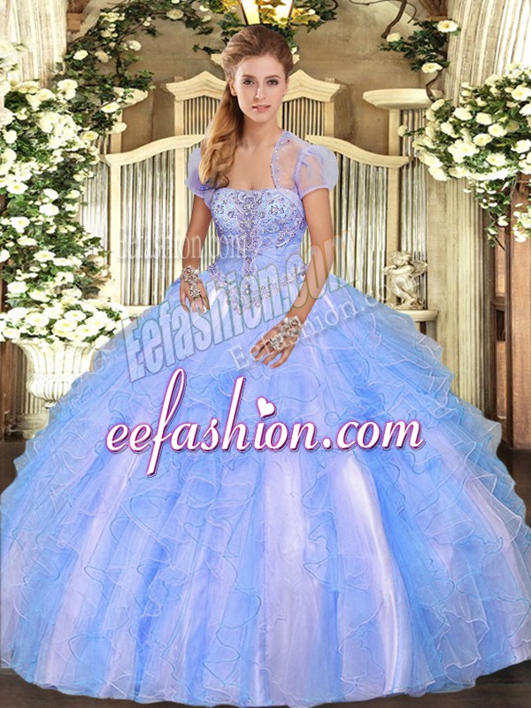 Shining Floor Length Baby Blue Quinceanera Gowns Strapless Sleeveless Lace Up