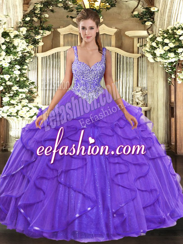  Lavender Sleeveless Beading and Ruffles Floor Length Sweet 16 Dresses