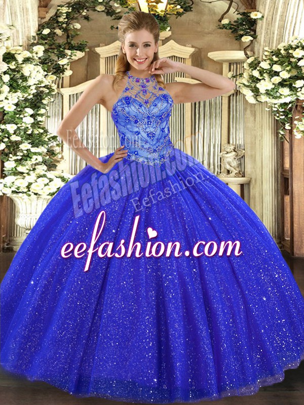  Halter Top Sleeveless Lace Up Sweet 16 Dresses Royal Blue Tulle and Sequined