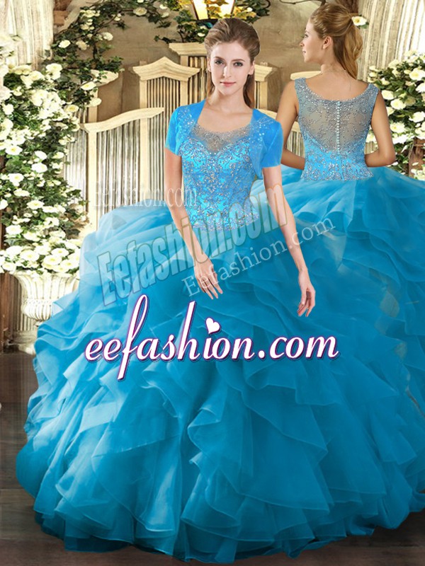  Teal Ball Gowns Scoop Sleeveless Tulle Floor Length Clasp Handle Beading and Ruffled Layers Sweet 16 Quinceanera Dress