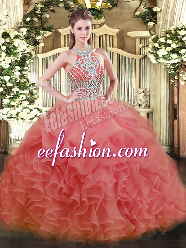  Watermelon Red Halter Top Lace Up Beading Quinceanera Dress Sleeveless