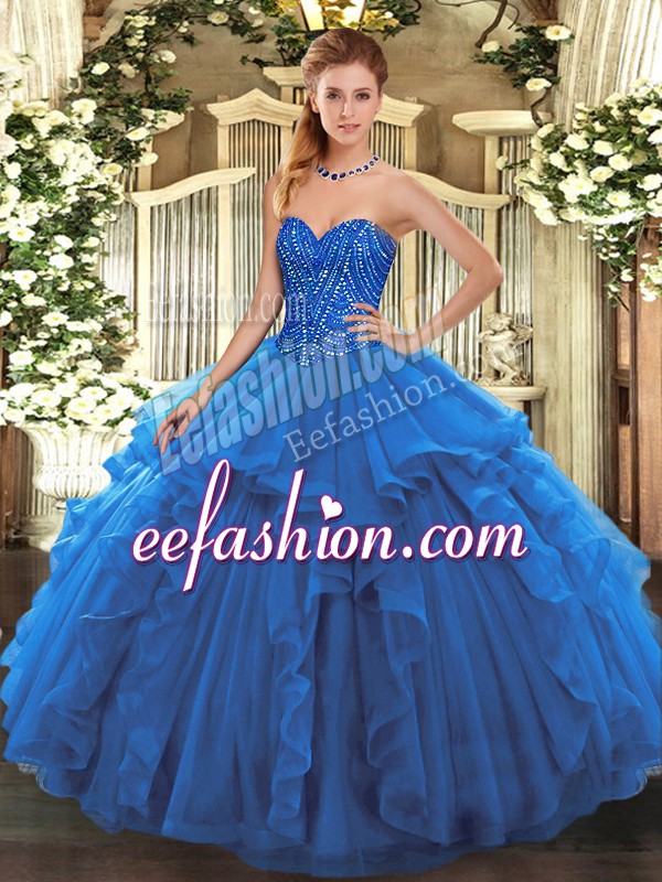 Graceful Sleeveless Tulle Floor Length Lace Up Sweet 16 Dresses in Blue with Beading and Ruffles