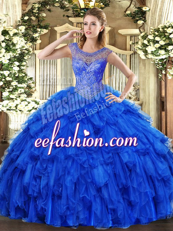  Royal Blue Lace Up Sweet 16 Dress Beading and Ruffles Sleeveless Floor Length