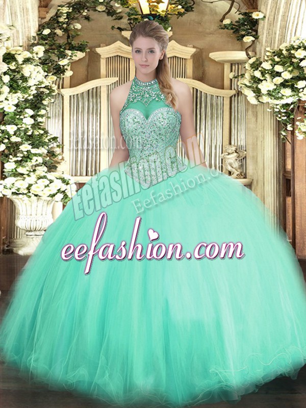  Apple Green Halter Top Lace Up Beading 15th Birthday Dress Sleeveless