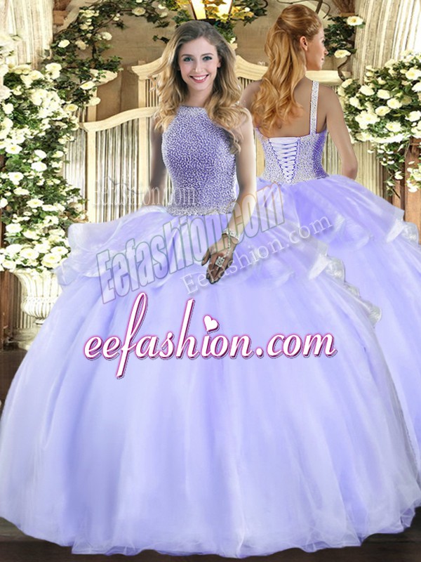  Lavender Square Neckline Beading Ball Gown Prom Dress Sleeveless Lace Up