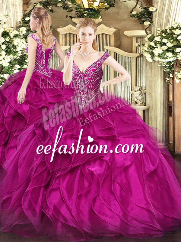  Fuchsia Ball Gowns Beading and Ruffles Sweet 16 Dress Lace Up Organza Sleeveless Floor Length
