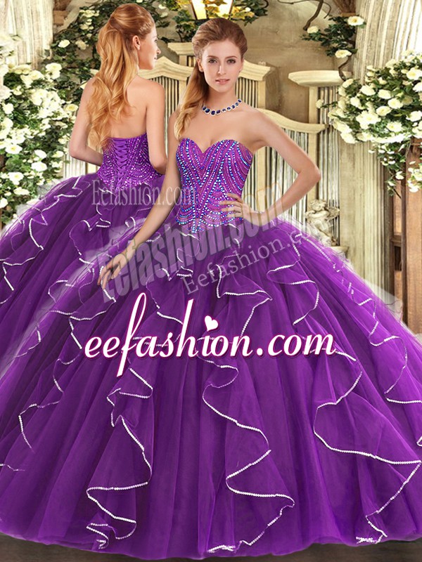 High End Ball Gowns Quinceanera Gowns Purple Sweetheart Tulle Sleeveless Floor Length Lace Up