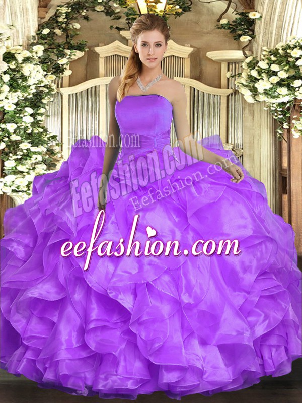  Lavender Ball Gowns Ruffles Sweet 16 Dresses Lace Up Organza Sleeveless Floor Length