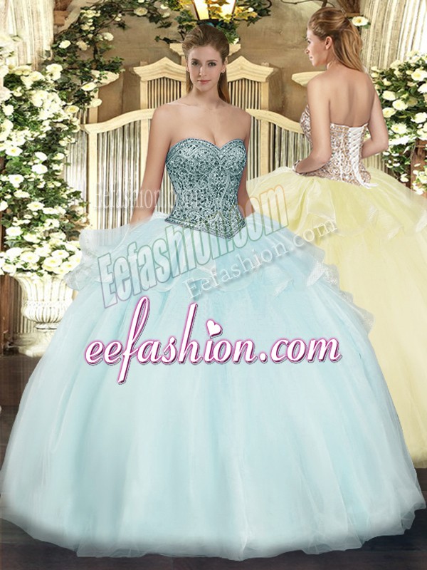 Charming Apple Green Lace Up Quinceanera Dress Beading and Ruffles Sleeveless Floor Length