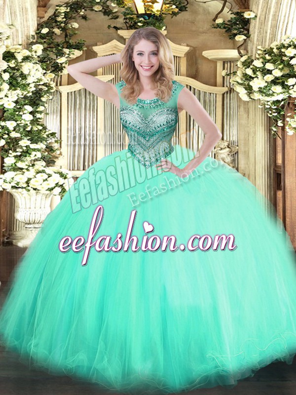  Floor Length Apple Green Ball Gown Prom Dress Tulle Sleeveless Beading