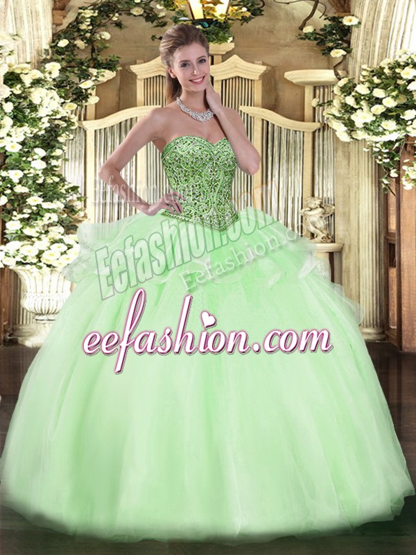 Edgy Apple Green Ball Gowns Beading and Ruffles Quince Ball Gowns Lace Up Tulle Sleeveless Floor Length