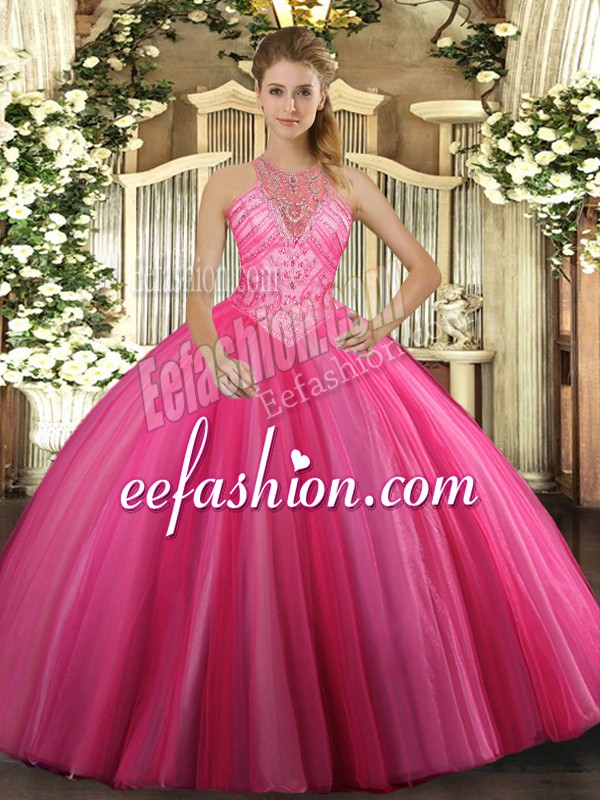 Wonderful Hot Pink Sleeveless Beading Floor Length Sweet 16 Dress