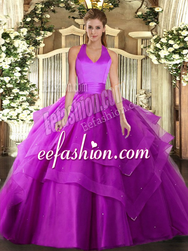  Fuchsia Ball Gowns Ruffled Layers Quinceanera Dresses Lace Up Tulle Sleeveless Floor Length