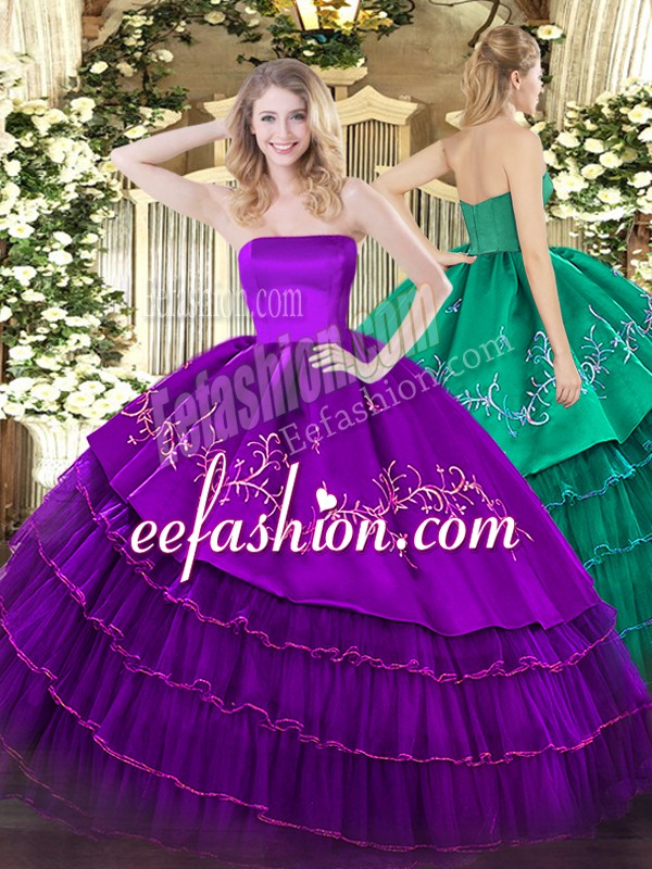  Purple Zipper Quinceanera Dresses Embroidery and Ruffled Layers Sleeveless Floor Length