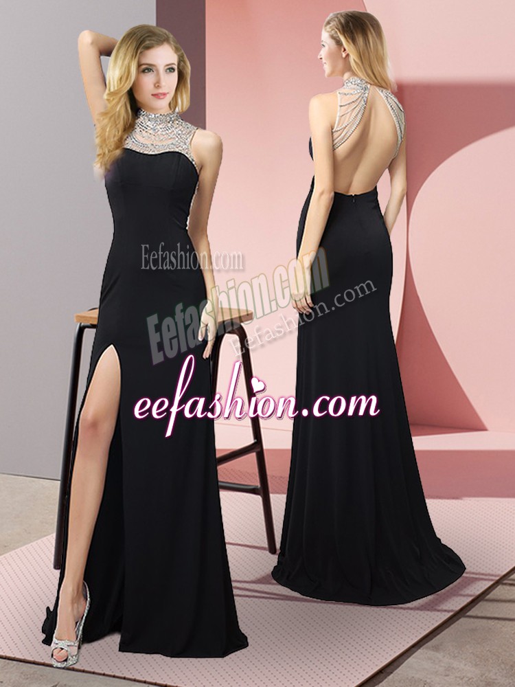Popular Black Sleeveless Elastic Woven Satin Backless Homecoming Dress for Prom and Party