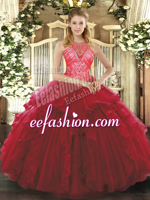  Wine Red Quinceanera Gown Military Ball and Sweet 16 and Quinceanera with Ruffles High-neck Sleeveless Lace Up
