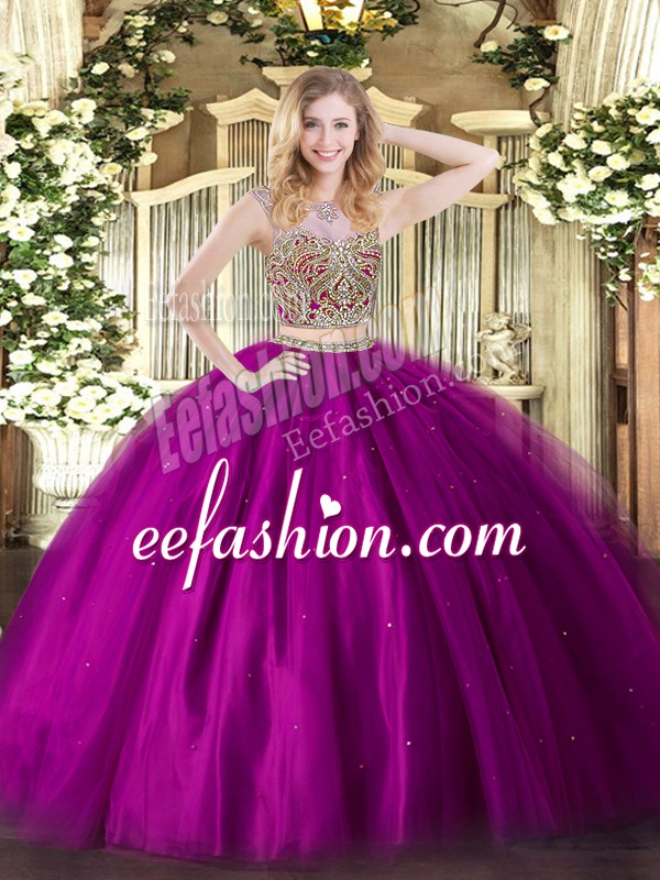  Fuchsia Sleeveless Floor Length Beading Lace Up Quinceanera Gowns