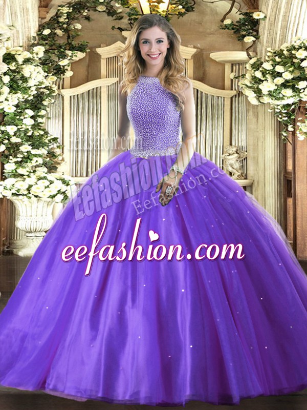 Hot Sale Tulle Sleeveless Floor Length Quinceanera Gown and Beading