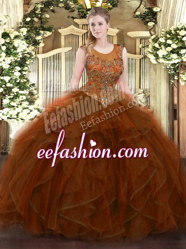  Tulle Scoop Sleeveless Zipper Beading and Ruffles Sweet 16 Quinceanera Dress in Brown