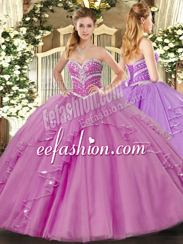 Fantastic Lilac Sleeveless Floor Length Beading and Ruffles Lace Up 15 Quinceanera Dress