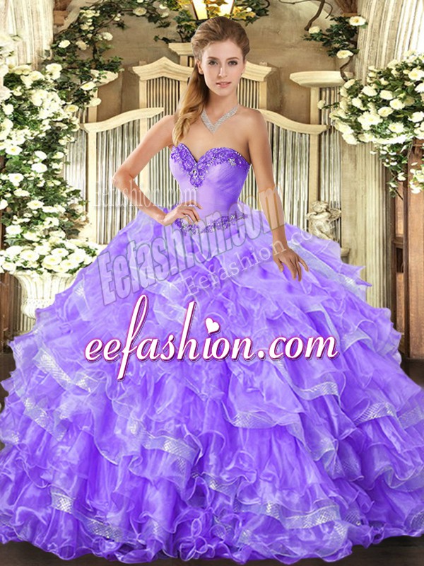 Admirable Lavender Quince Ball Gowns Military Ball and Sweet 16 and Quinceanera with Beading and Ruffled Layers Sweetheart Sleeveless Lace Up