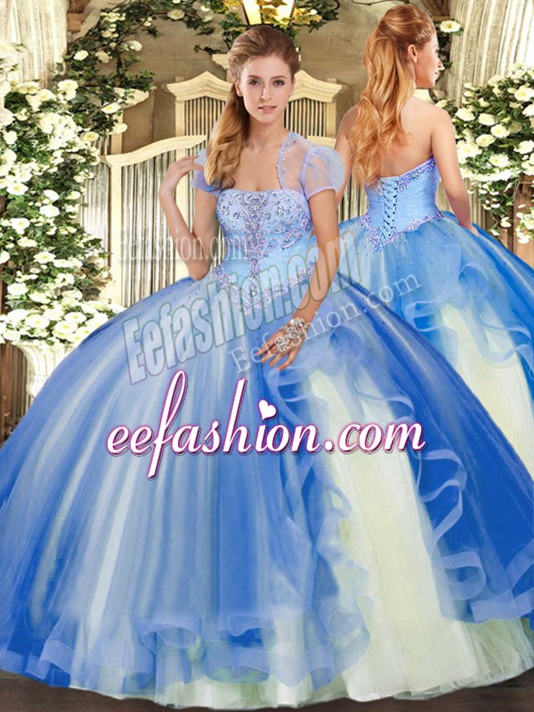  Blue Strapless Lace Up Appliques and Ruffles Quinceanera Gowns Sleeveless