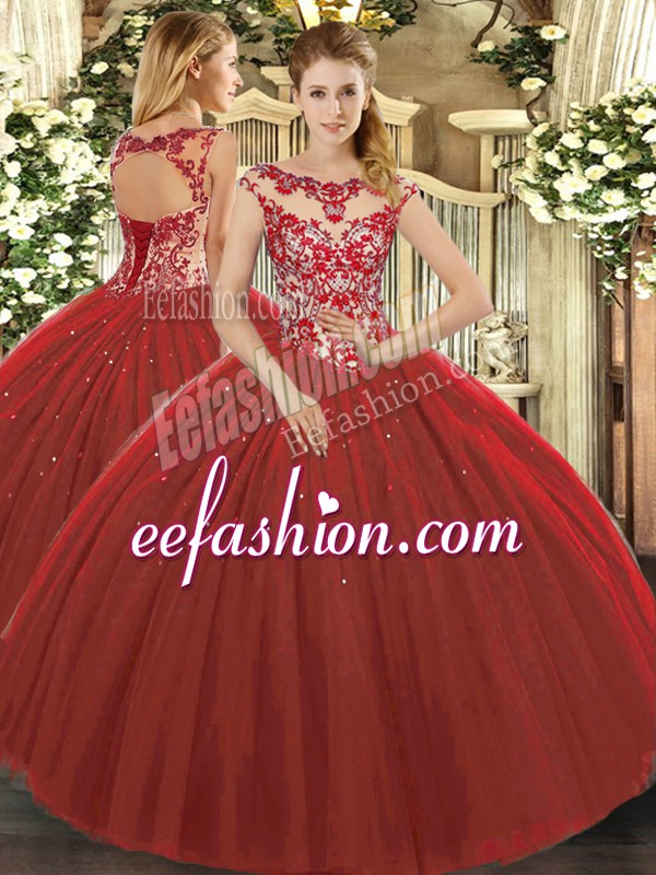 Wine Red Ball Gowns Scoop Cap Sleeves Tulle Floor Length Lace Up Beading and Appliques 15 Quinceanera Dress