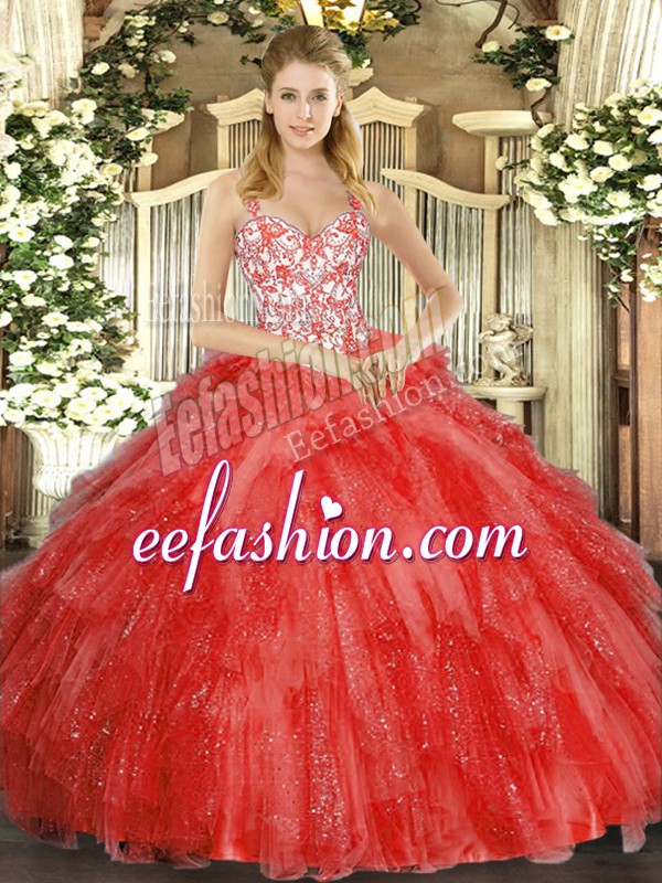  Floor Length Coral Red Quinceanera Dress Organza Sleeveless Beading and Ruffles