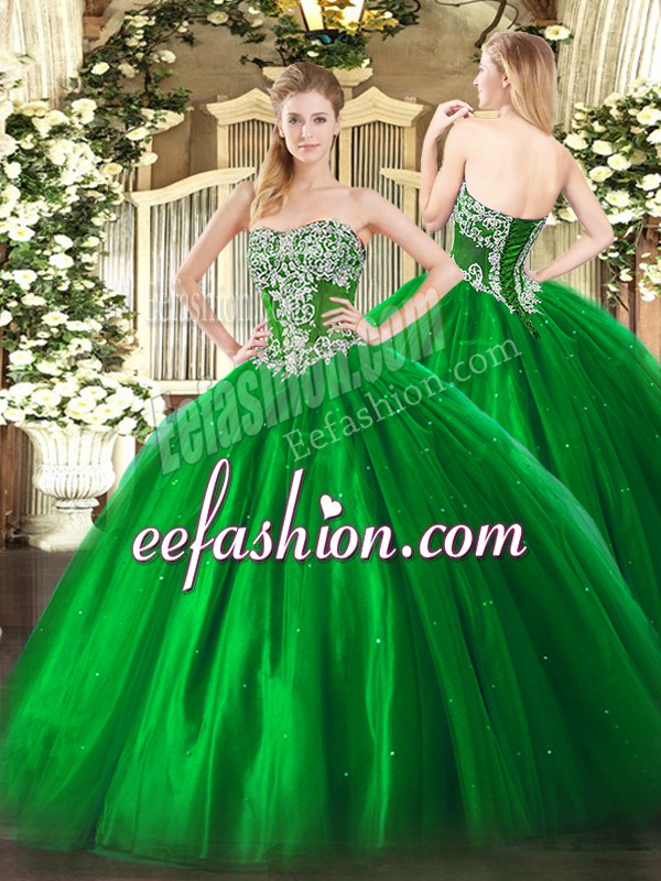 Decent Green Strapless Neckline Beading Sweet 16 Quinceanera Dress Sleeveless Lace Up