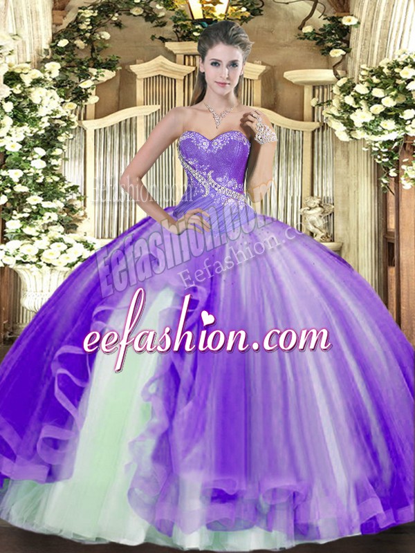 Beautiful Lavender Sleeveless Beading and Ruffles Floor Length Sweet 16 Quinceanera Dress