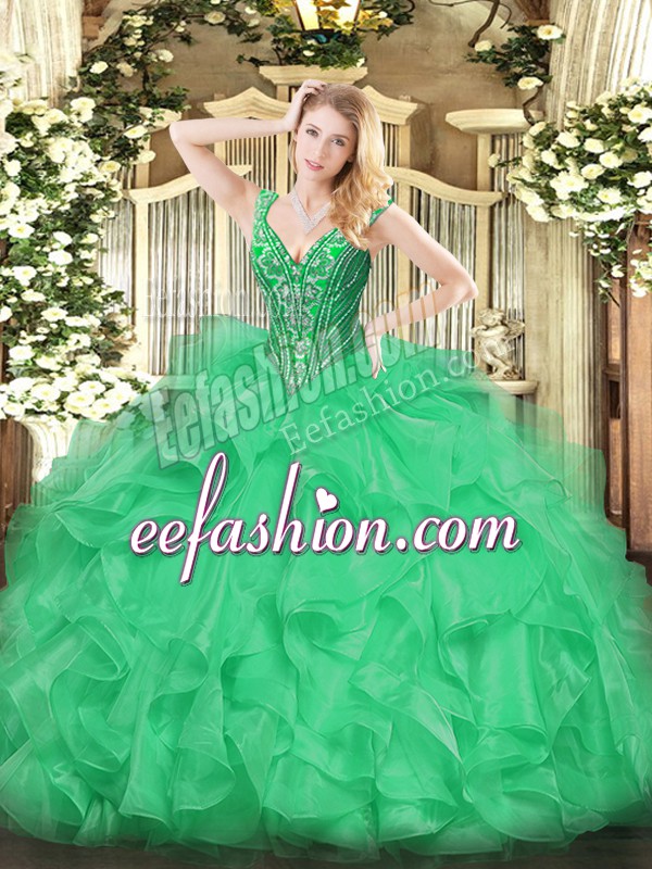  Green Ball Gowns V-neck Sleeveless Organza Floor Length Lace Up Beading and Ruffles Quinceanera Gown