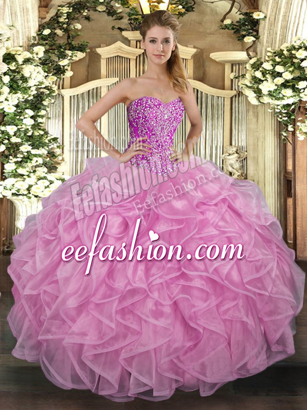  Floor Length Lace Up Sweet 16 Dress Rose Pink for Military Ball and Sweet 16 and Quinceanera with Beading and Ruffles