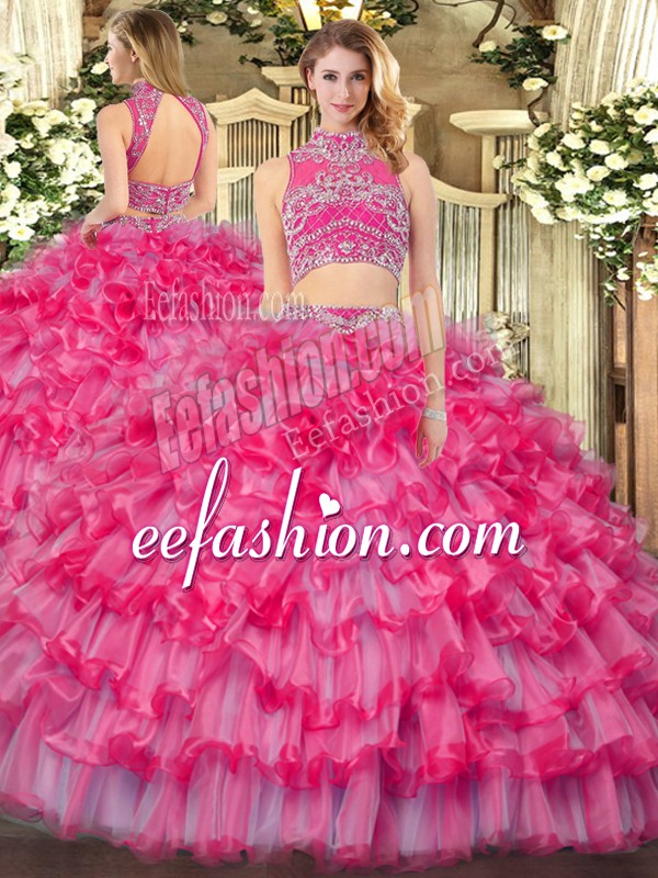 Clearance Sleeveless Floor Length Beading and Ruffled Layers Backless Quinceanera Dresses with Coral Red