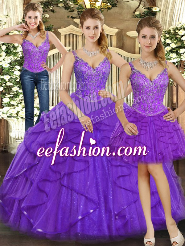 Sexy Straps Sleeveless Lace Up Quinceanera Dress Purple Organza