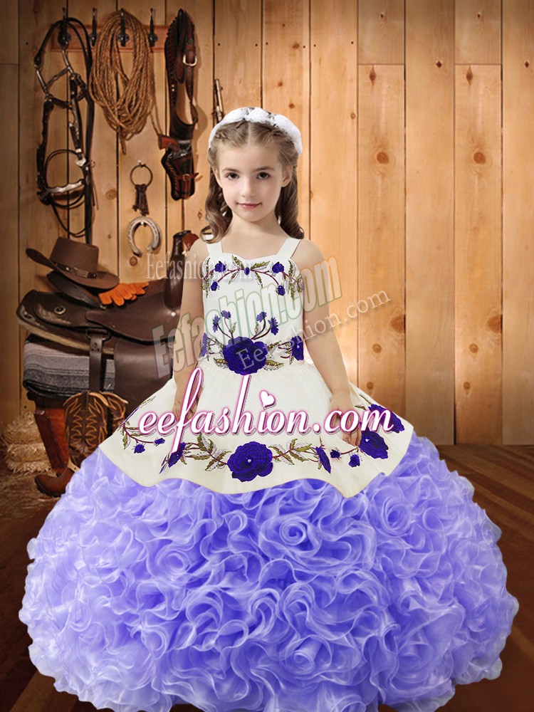  Lavender Ball Gowns Embroidery and Ruffles Little Girls Pageant Dress Wholesale Lace Up Fabric With Rolling Flowers Sleeveless Floor Length