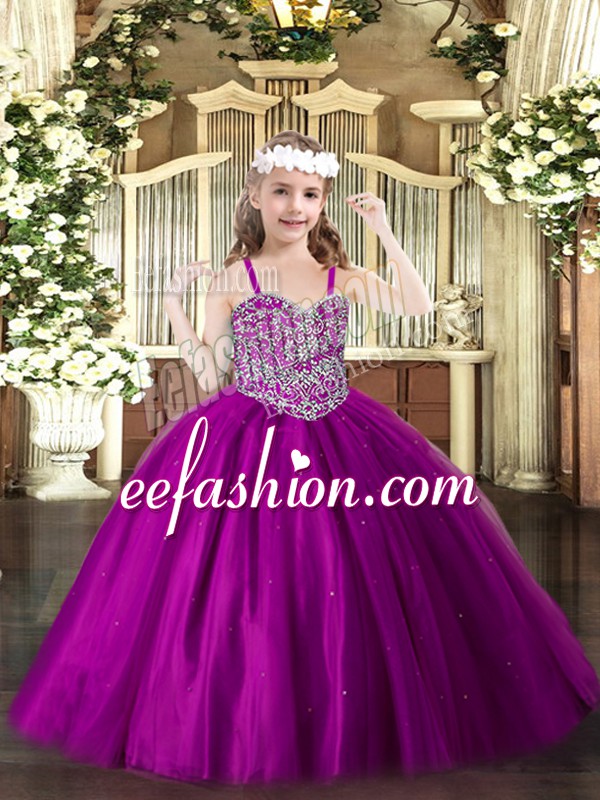 Most Popular Fuchsia Ball Gowns Tulle Straps Sleeveless Beading Floor Length Lace Up Little Girls Pageant Dress Wholesale