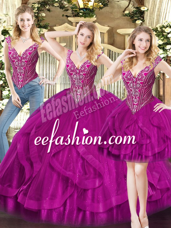  Fuchsia Lace Up Quinceanera Gown Beading and Ruffles Sleeveless Floor Length