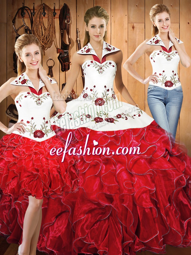  Floor Length White And Red Quinceanera Dress Halter Top Sleeveless Lace Up
