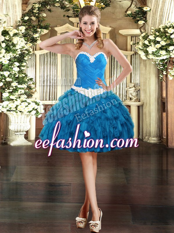 Hot Sale Mini Length Lace Up Prom Dress Blue for Prom and Party with Appliques and Ruffles