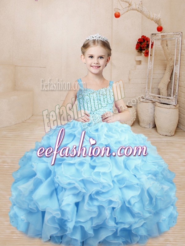  Baby Blue Ball Gowns Organza Straps Sleeveless Beading and Ruffles Floor Length Lace Up Kids Pageant Dress