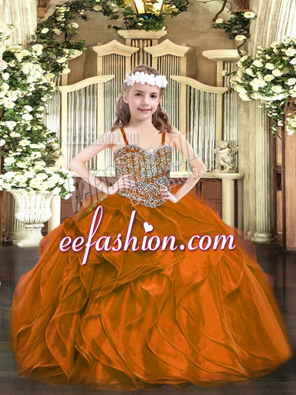  Rust Red Ball Gowns Organza Straps Sleeveless Beading and Ruffles Floor Length Lace Up Kids Formal Wear